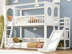 Multifunctioneel Stapelbed Voor Kinderen - Met Ladder En Glijbaan - 2X90X200Cm - Massief Hout - Wit