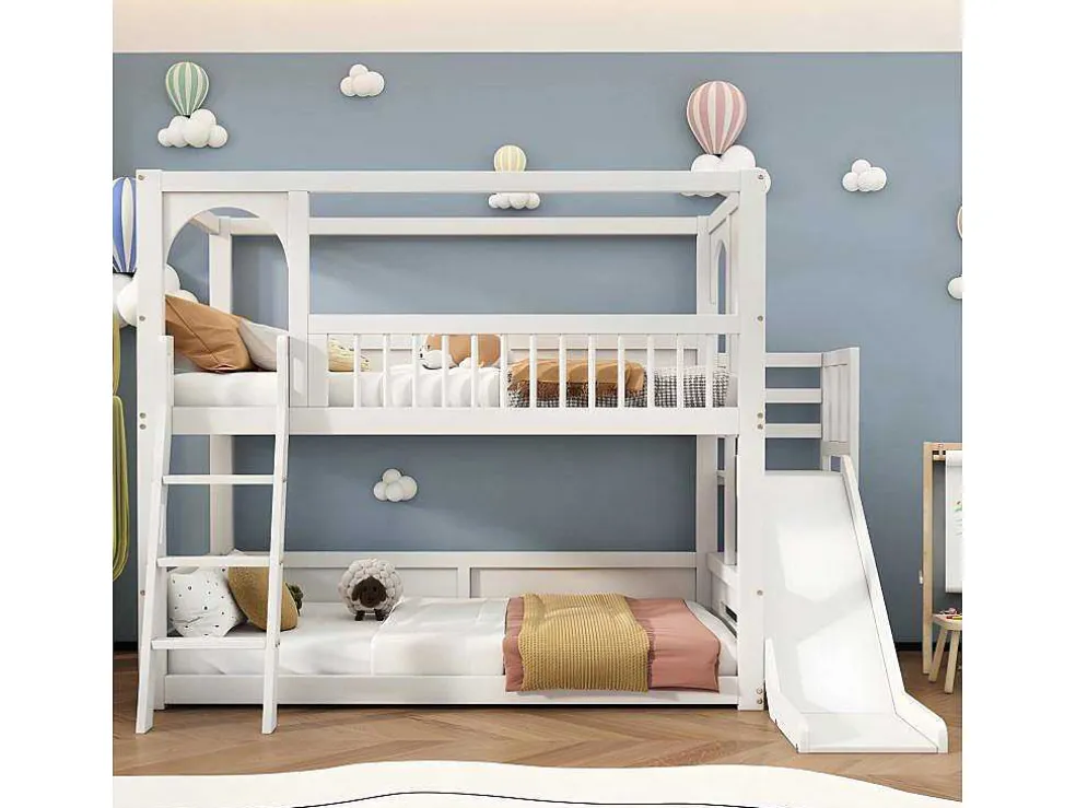 Multifunctioneel Stapelbed Voor Kinderen - Met Ladder En Glijbaan - 2X90X200Cm - Massief Hout - Wit
