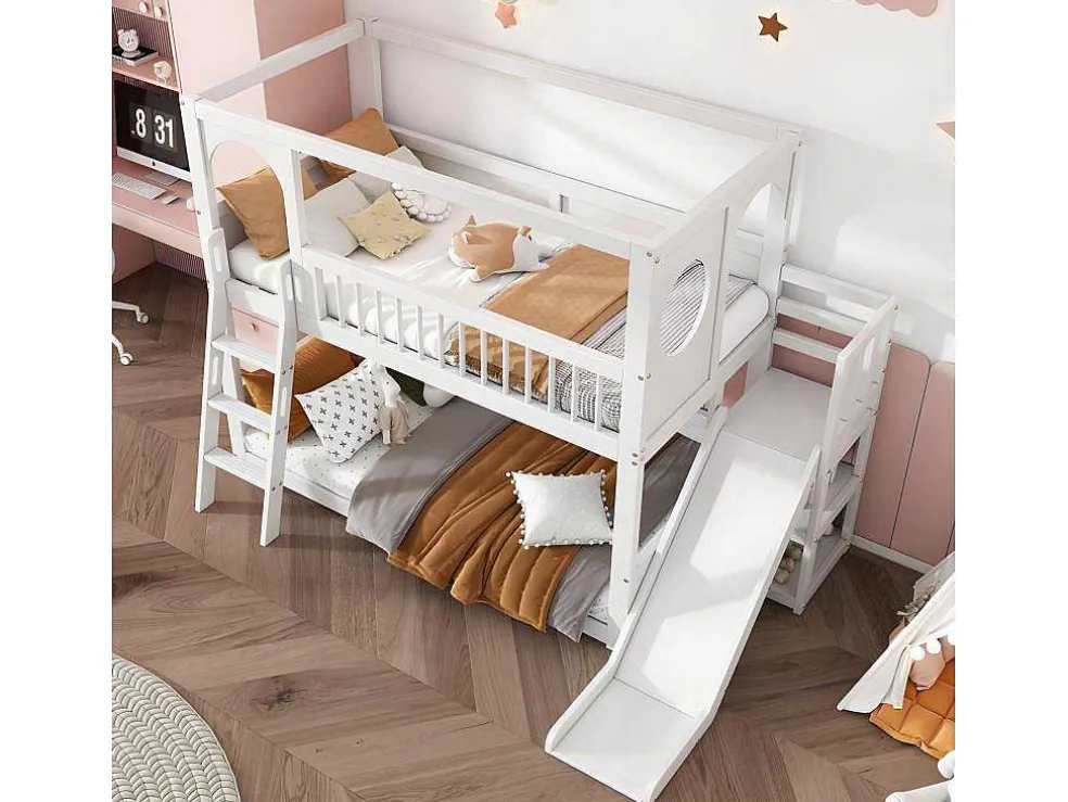 Multifunctioneel Stapelbed Voor Kinderen - Met Ladder En Glijbaan - 2X90X200Cm - Massief Hout - Wit