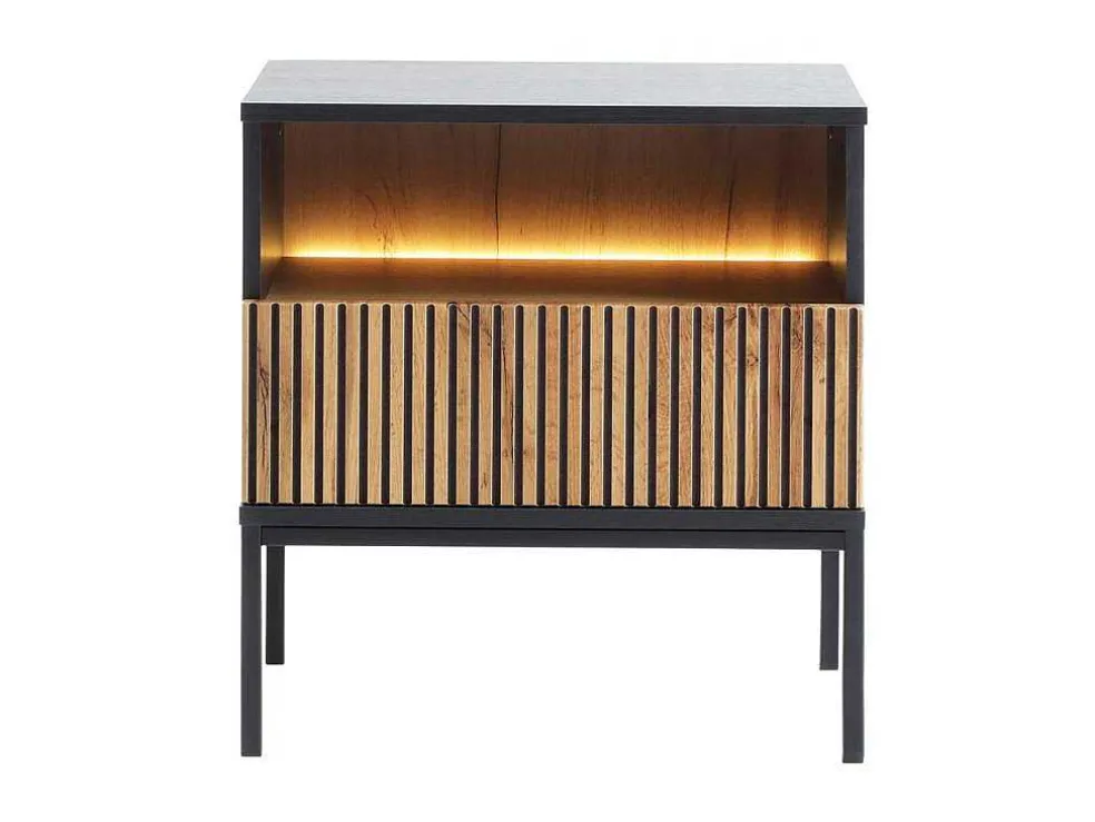 Nachtkastje 1 Lade En 1 Nis - Met Ledverlichting - Zwart En Naturel - Ovila