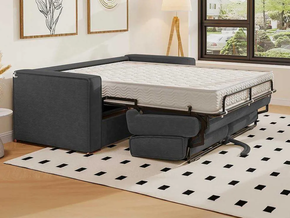 Omkeerbare Driezits-Express-Slaapbank Van Antracietkleurig Ribfluweel - Bed 140 Cm - Matras 22 Cm Loreto