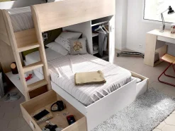 Omkeerbare Hoekstapelbed Ricardo - 2 X 90X190Cm - Opbergruimte - Eiken En Wit