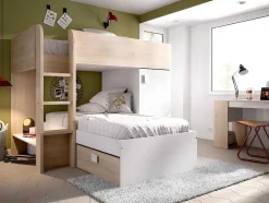 Omkeerbare Hoekstapelbed Ricardo - 2 X 90X190Cm - Opbergruimte - Eiken En Wit
