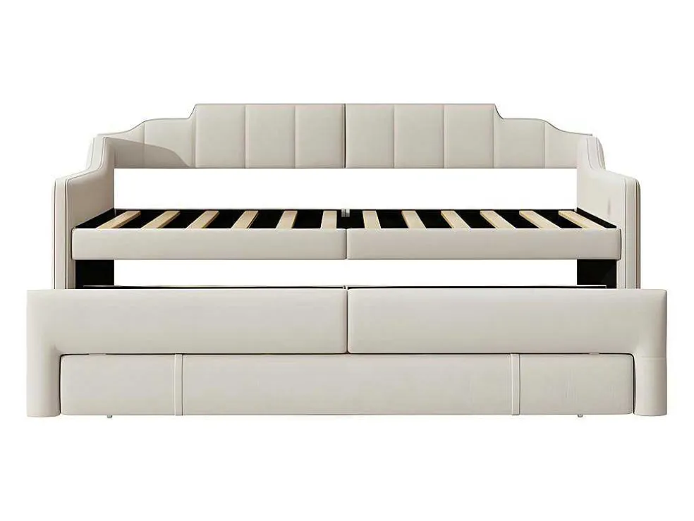Onderschuifbed 90X200Cm + 90X190Cm - Gestoffeerde Slaapbank Met Lades - Katoenlinnenstof - Beige
