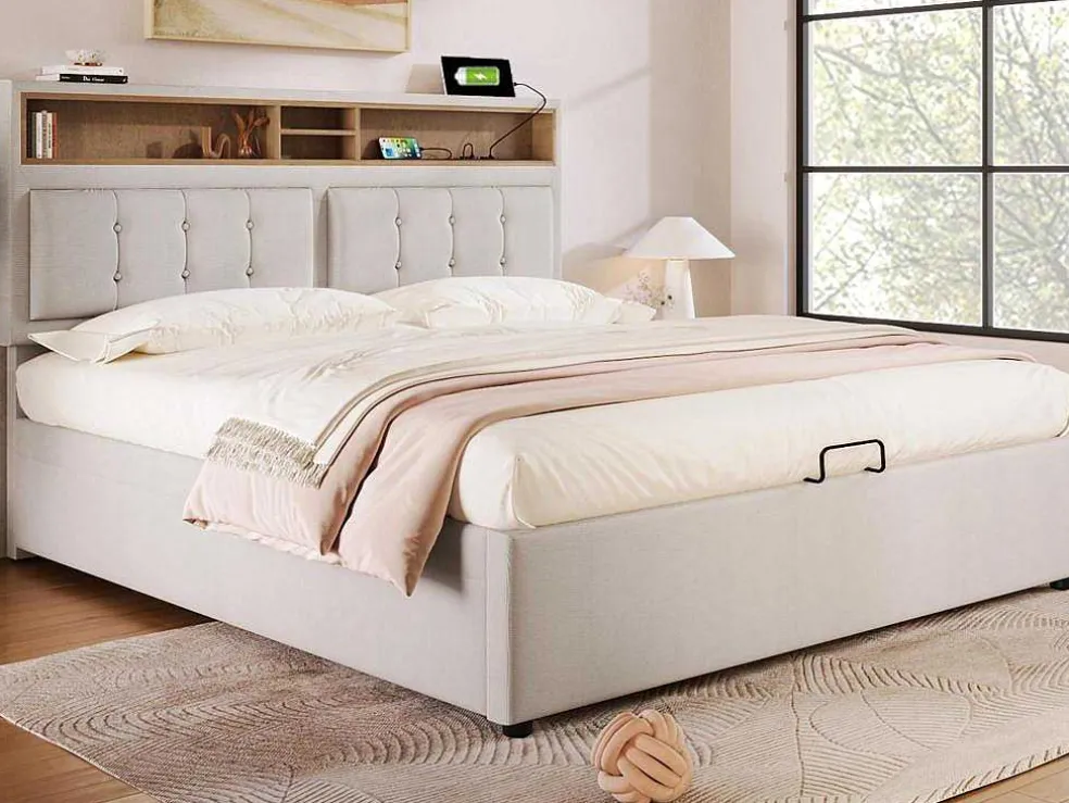 Opbergbed 160X200Cm In Linnenstof Met Usb-Poort - Verstelbaar Hoofdeinde En Lattenbodem - Beige