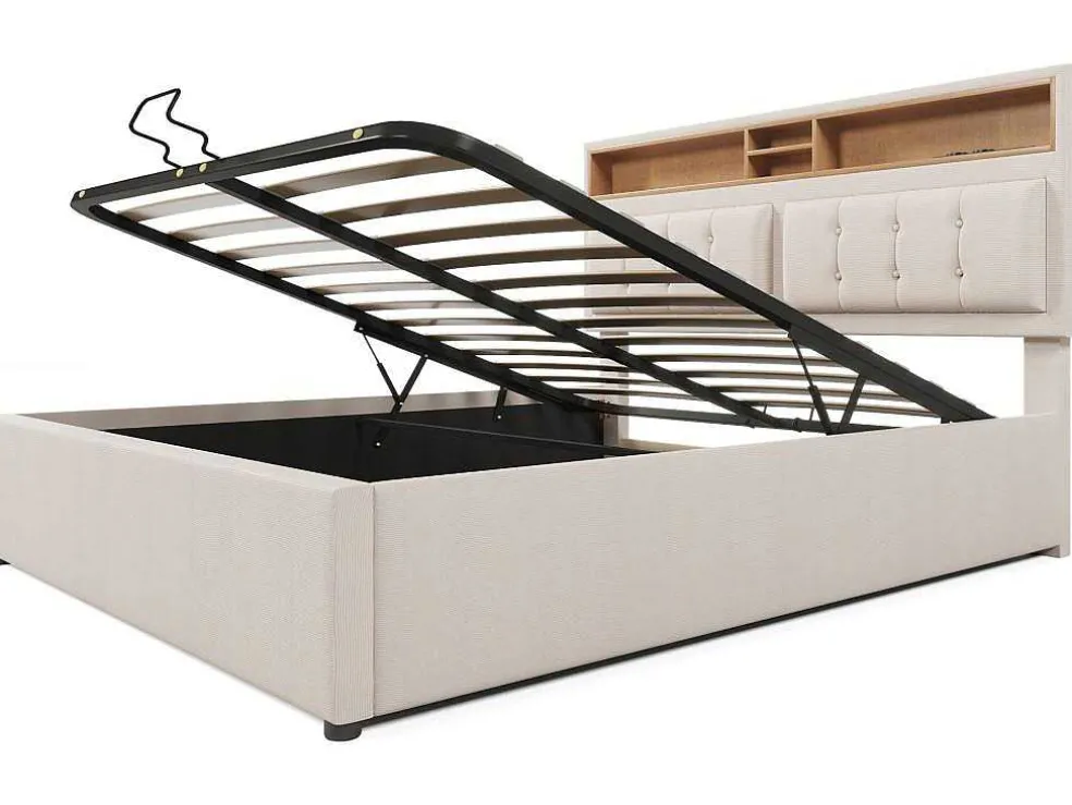 Opbergbed 160X200Cm In Linnenstof Met Usb-Poort - Verstelbaar Hoofdeinde En Lattenbodem - Beige