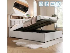 Opbergbed 160X200Cm In Linnenstof Met Usb-Poort - Verstelbaar Hoofdeinde En Lattenbodem - Beige