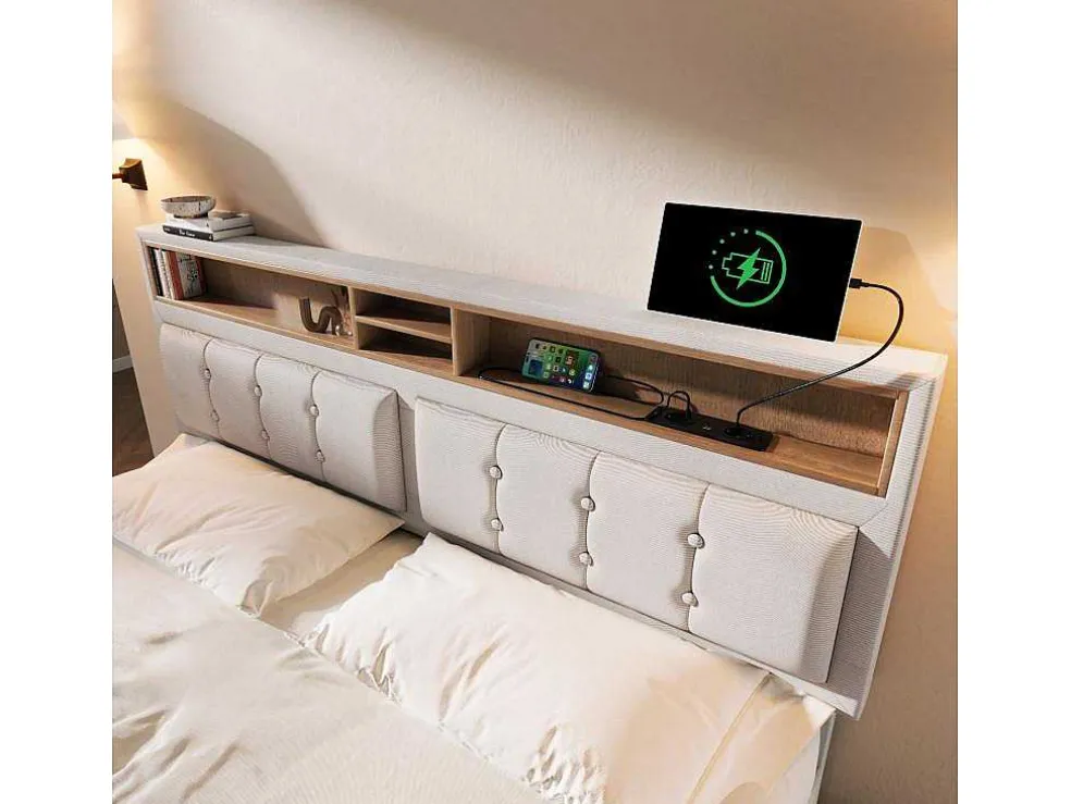 Opbergbed 160X200Cm In Linnenstof Met Usb-Poort - Verstelbaar Hoofdeinde En Lattenbodem - Beige