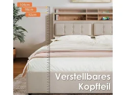 Opbergbed 160X200Cm In Linnenstof Met Usb-Poort - Verstelbaar Hoofdeinde En Lattenbodem - Beige