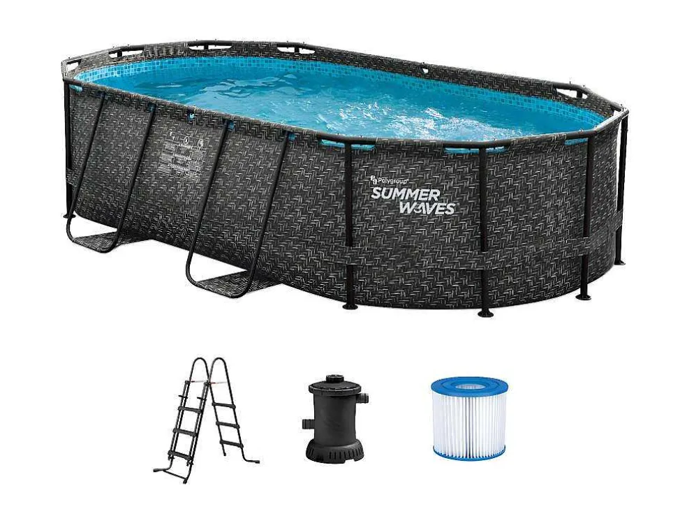 Ovaal Donkergrijs Buizenzwembad Met Visgraatmotief En Filterpomp Met Patroon - L424 X D250 X H100 Cm - Salamanque