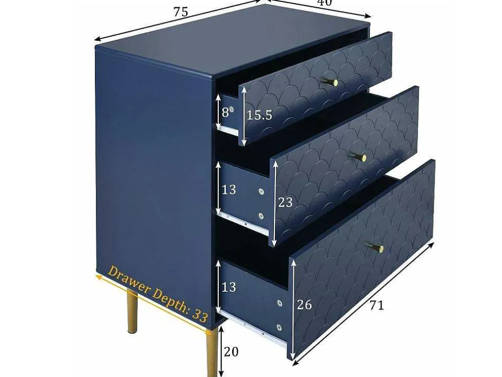 Ragement Ladekast Voor Slaapkamer - 3 Lades - Donkerblauw