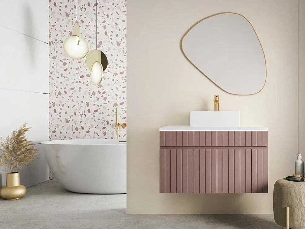 Roze Hangmeubel Met Strepen Voor Onder Wastafel Met Plank - 80 Cm - Satara
