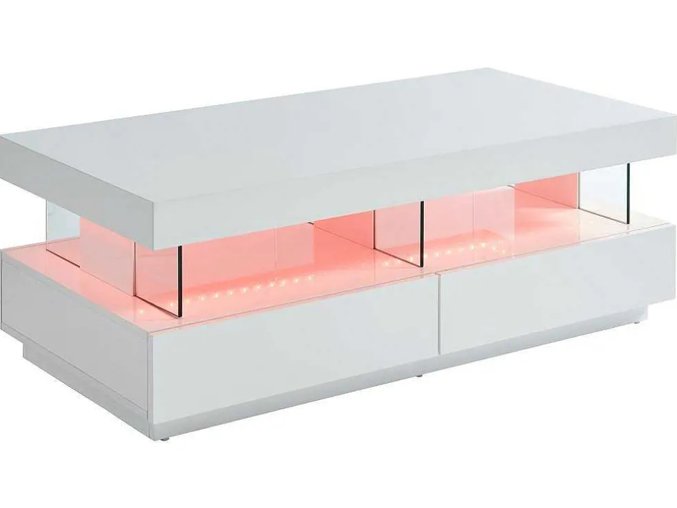 Salontafel Fabio - Wit Gelakt Mdf - Leds - 2 Lades En 2 Nissen