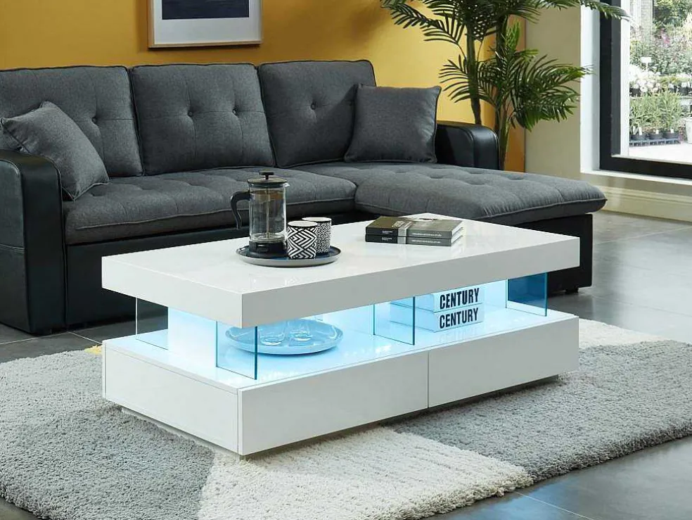 Salontafel Fabio - Wit Gelakt Mdf - Leds - 2 Lades En 2 Nissen