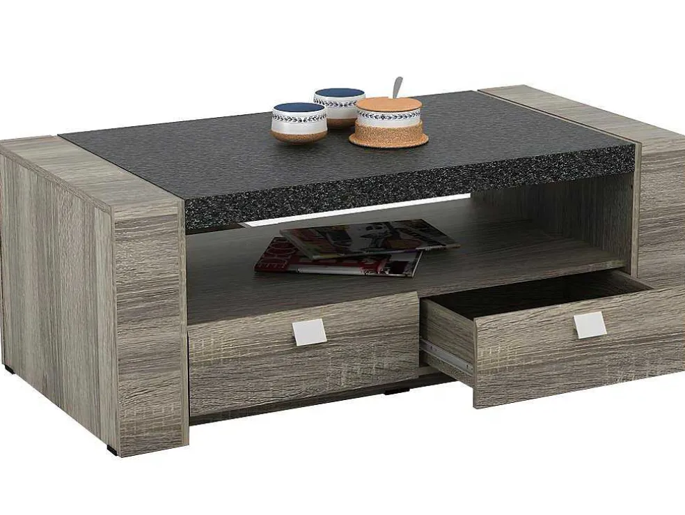 Salontafel Meteorite - 2 Laden - Mdf Blad Met Granieteffect