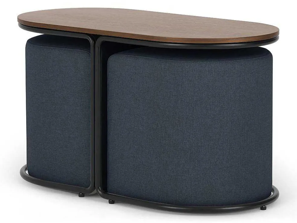 Salontafel + 2 Poefs Van Stof - Naturel En Blauw - Adar