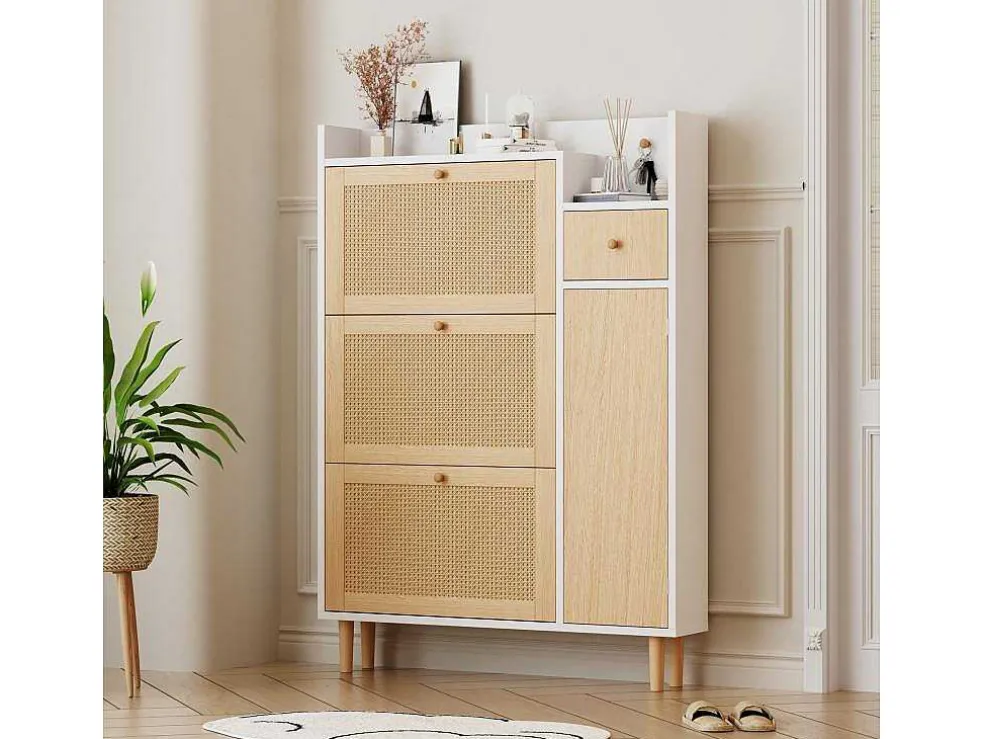 Schoenenkast Met 3 Klepdeuren En 1 Lade Afmeting 90L X 17B X 125H Cm Houtlook Rotan Rieteffect Kleur Wit + Eiken
