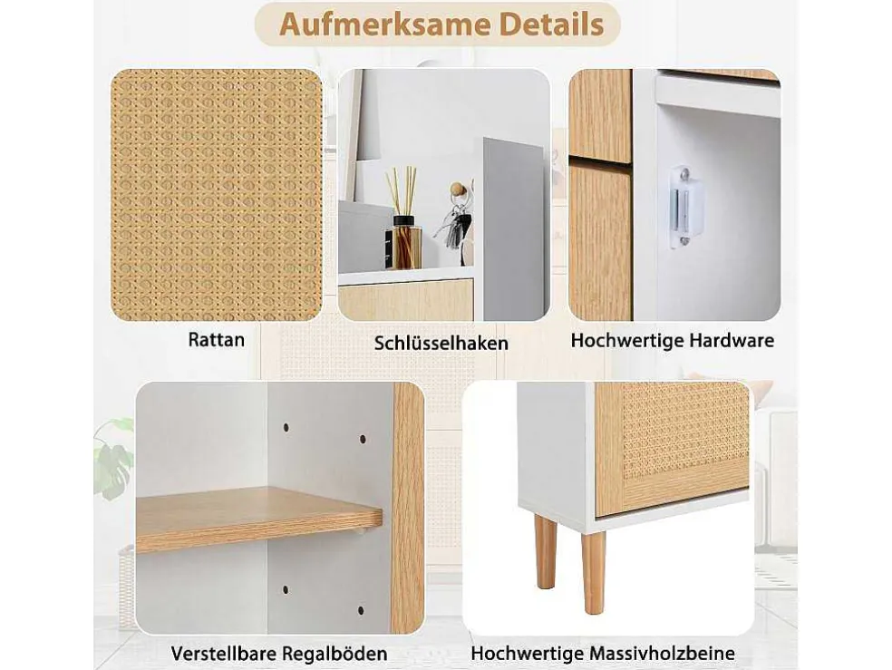 Schoenenkast Met 3 Klepdeuren En 1 Lade Afmeting 90L X 17B X 125H Cm Houtlook Rotan Rieteffect Kleur Wit + Eiken