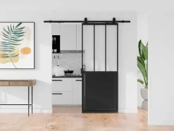 Schuifdeur Werkplaatsstijl Met Rails - Zwart En Mat Gehard Glas - H205 Cm X B83 Cm - Artisto Ii