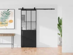 Schuifdeur Werkplaatsstijl Met Rails - Zwart En Mat Gehard Glas - H205 Cm X B83 Cm - Artisto Ii