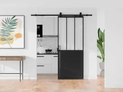 Schuifdeur Werkplaatsstijl Met Rails - Zwart En Mat Gehard Glas - H205 Cm X L93 Cm - Artisto Ii