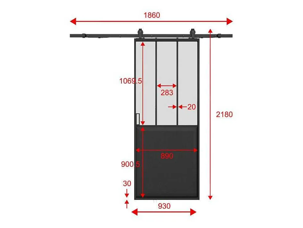 Schuifdeur Werkplaatsstijl Met Rails - Zwart En Mat Gehard Glas - H205 Cm X L93 Cm - Artisto Ii