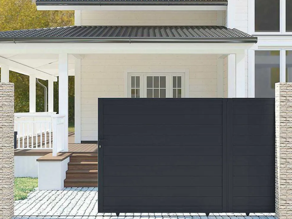 Schuifpoort Van Antraciet Opengewerkt Aluminium - L416 X 180 Cm - Nazario
