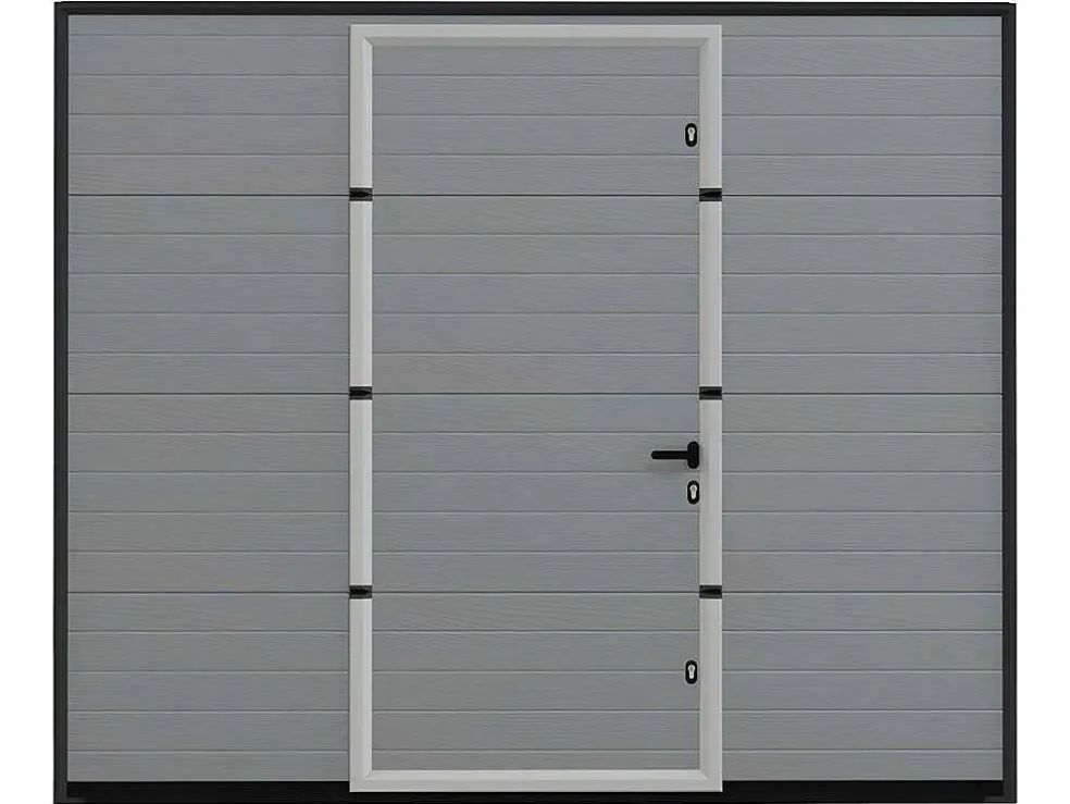 Sectionale Garagedeur Met Gegroefd Effect En Centrale Grijze Loopdeur Met Motor - Noria