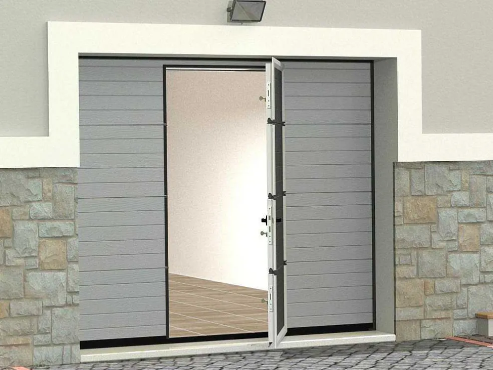 Sectionale Garagedeur Met Gegroefd Effect En Centrale Grijze Loopdeur Met Motor - Noria