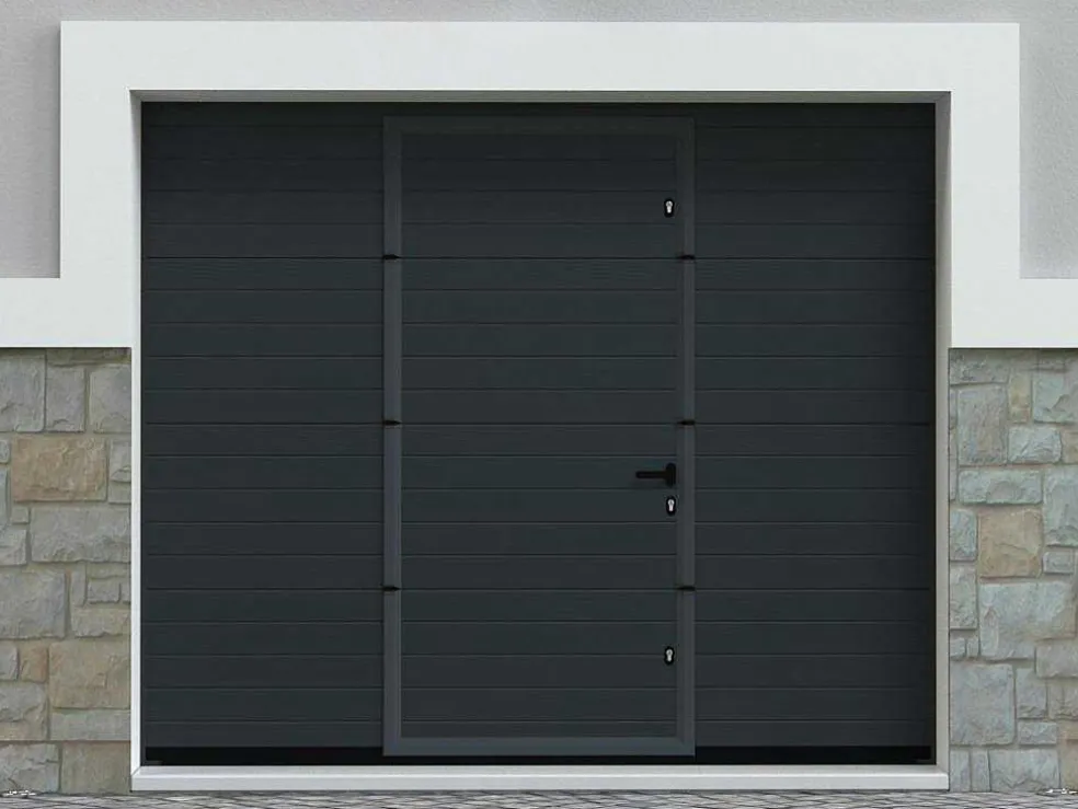 Sectionale Garagedeur Met Gegroefd Effect En Centrale Loopdeur - Antraciet - Met Somfy-Motor - Noria