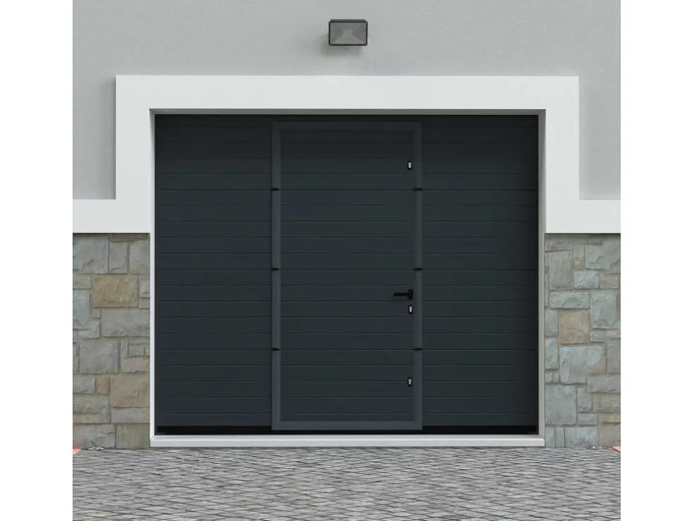 Sectionale Garagedeur Met Gegroefd Effect En Centrale Loopdeur - Antraciet - Met Somfy-Motor - Noria