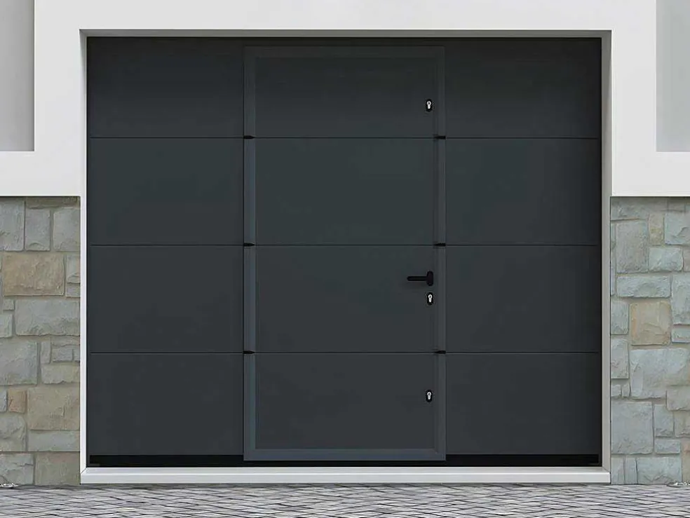 Sectionale Garagedeur Met Glad Effect En Centrale Loopdeur In Antraciet Met Motor - Lavega