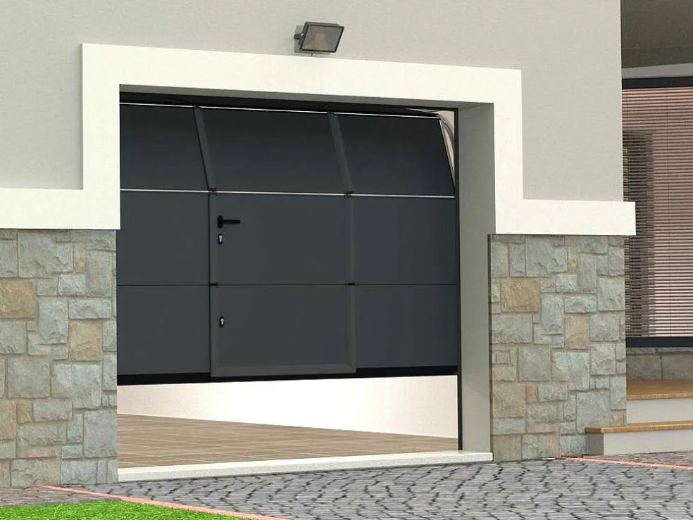 Sectionale Garagedeur Met Glad Effect En Centrale Loopdeur In Antraciet Met Motor - Lavega