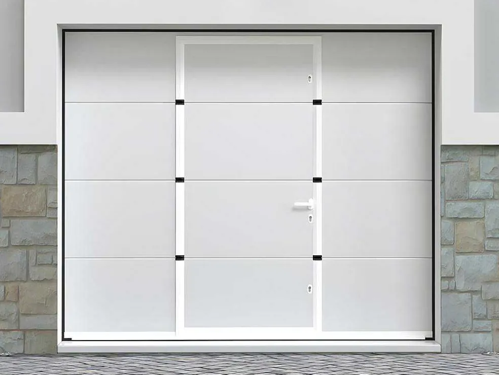 Sectionale Garagedeur Met Glad Effect Met Centrale Witte Loopdeur En Somfy Motor - Lavega