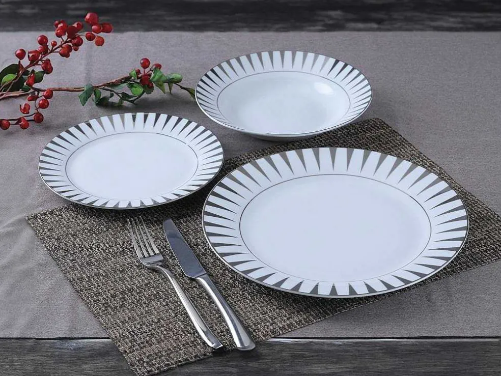 Servies 18 Stuks Van Porselein - Wit En Zilver - Dynao