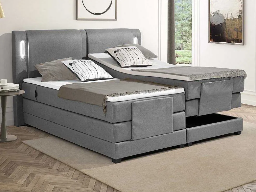 Set Boxspring + Hoofdbord Met Ledlampjes + Elektrische Relaxbedbodems + Matras + Topmatras - 2 X 80 X 200 Cm - Grijze Stof - Astemi Van Palacio