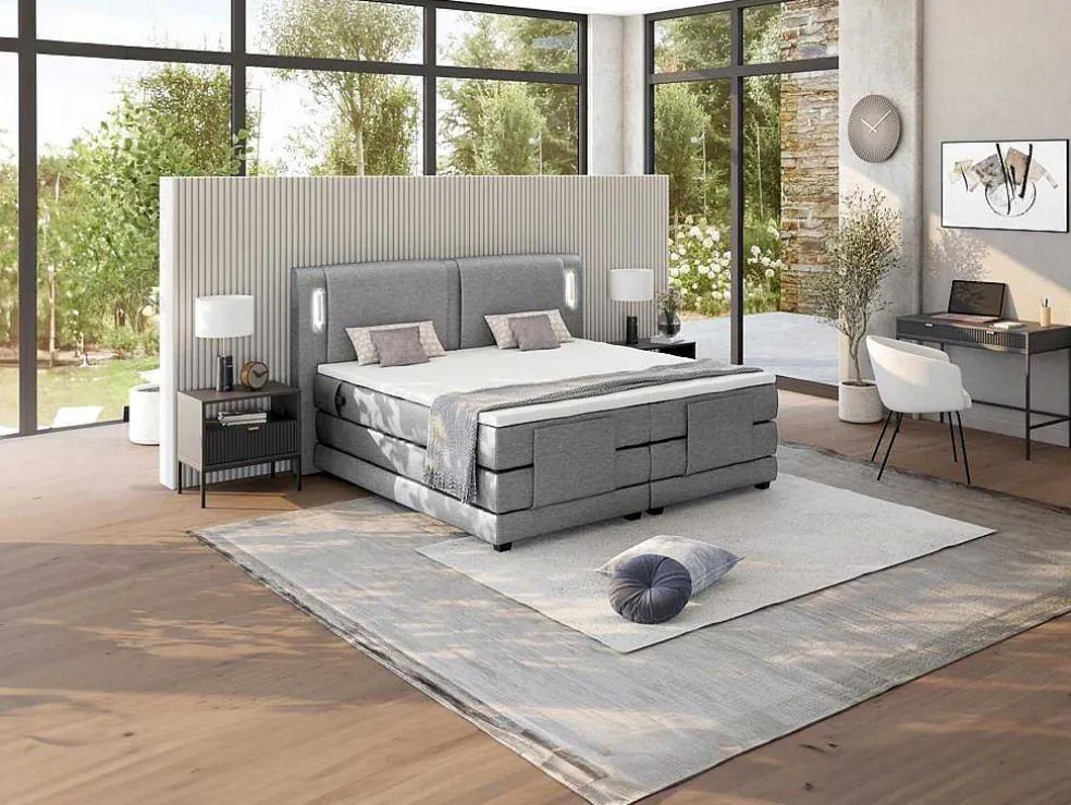 Set Boxspring + Hoofdbord Met Ledlampjes + Elektrische Relaxbedbodems + Matras + Topmatras - 2 X 90 X 200 Cm - Grijze Stof - Astemi Van Palacio