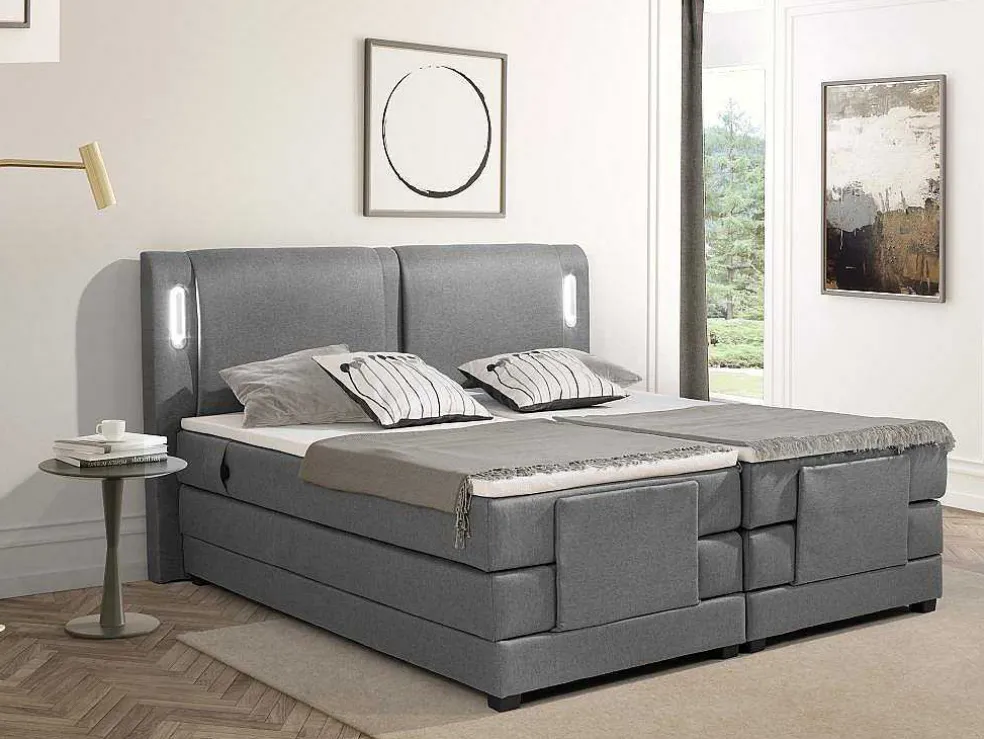 Set Boxspring + Hoofdbord Met Ledlampjes + Elektrische Relaxbedbodems + Matras + Topmatras - 2 X 90 X 200 Cm - Grijze Stof - Astemi Van Palacio