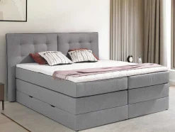 Set Boxspring Met Hoofdbord + Bedbodems Met Opbergruimte + Matras + Dekmatras - 160 X 200 Cm - Lichtgrijze Stof - Perama Van Palacio