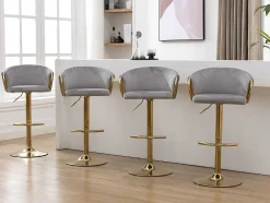 Set Van 4 Barkrukken - In Hoogte Verstelbaar - Fluweel - Grijs En Goud Metaal