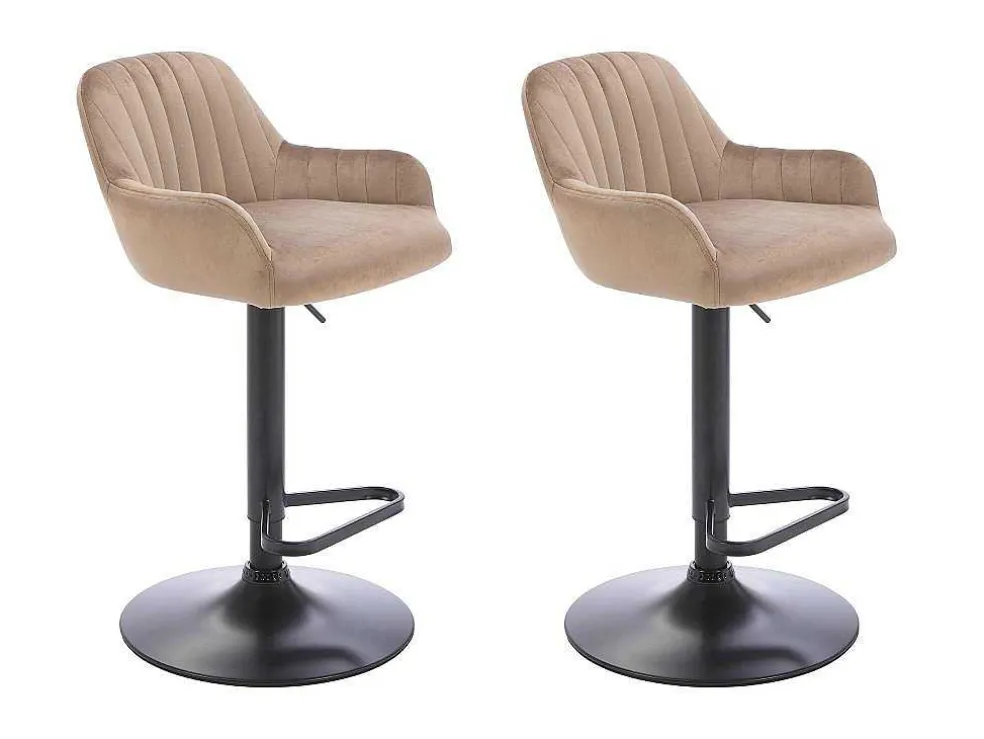 Set Van 2 Barkruk Van Velours En Zwart Metaal - Verstelbare Hoogte - Beige - Eleana