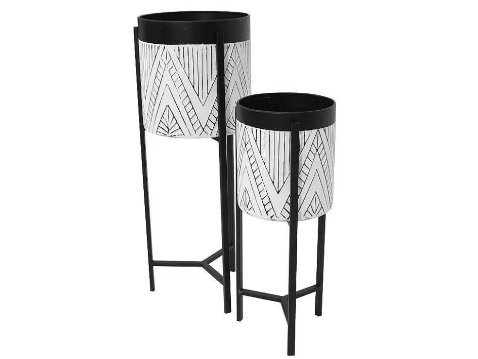 Set Van 2 Bloembakken Op Poot Van Metaal - D20 X H53 Cm En D25 X H69 Cm - Zwart En Wit - Capoli