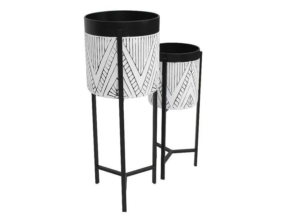 Set Van 2 Bloembakken Op Poot Van Metaal - D20 X H53 Cm En D25 X H69 Cm - Zwart En Wit - Capoli