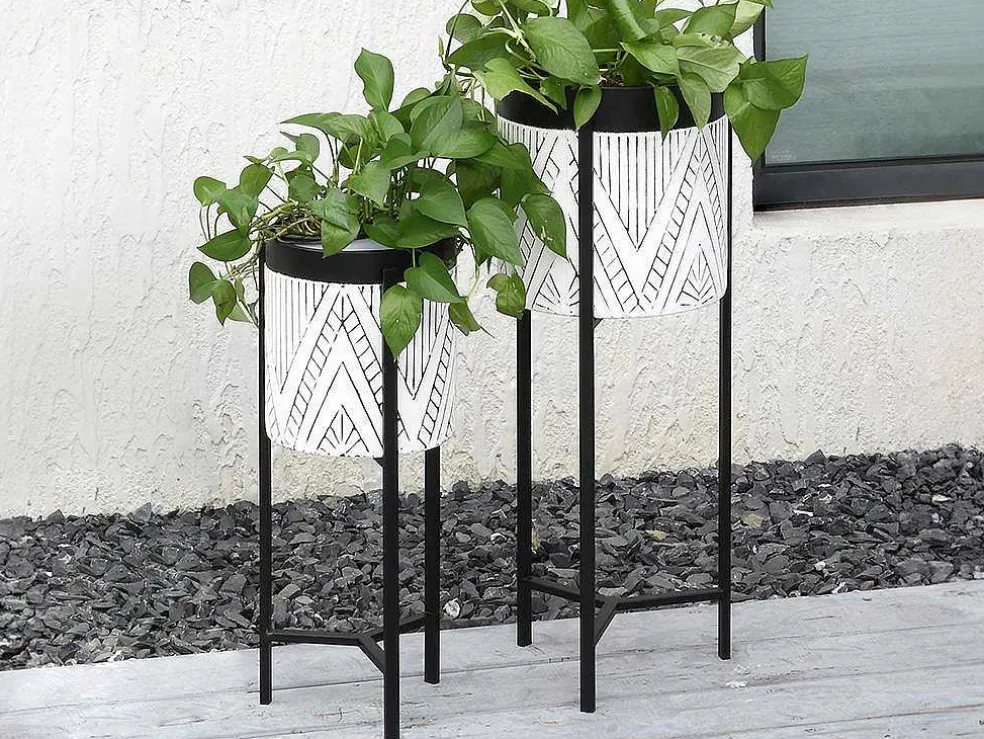 Set Van 2 Bloembakken Op Poot Van Metaal - D20 X H53 Cm En D25 X H69 Cm - Zwart En Wit - Capoli
