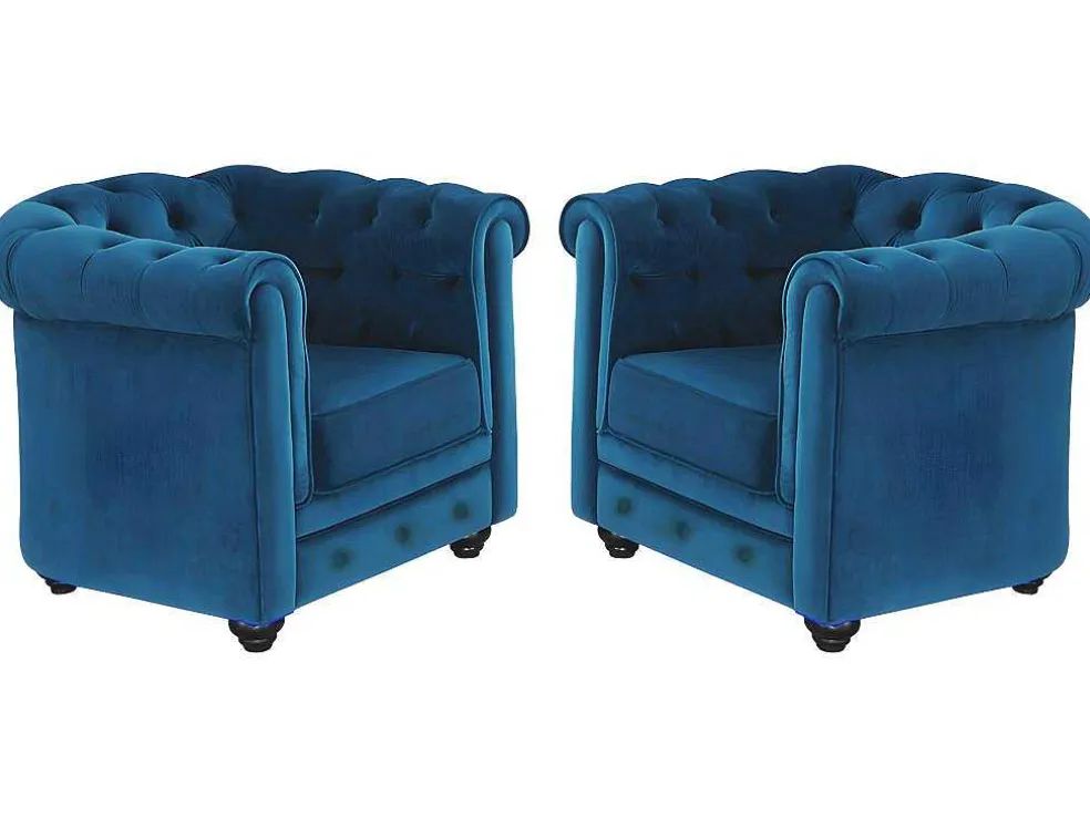 Set Van 2 Fauteuils Chesterfield - Fluweel - Eend Blauw