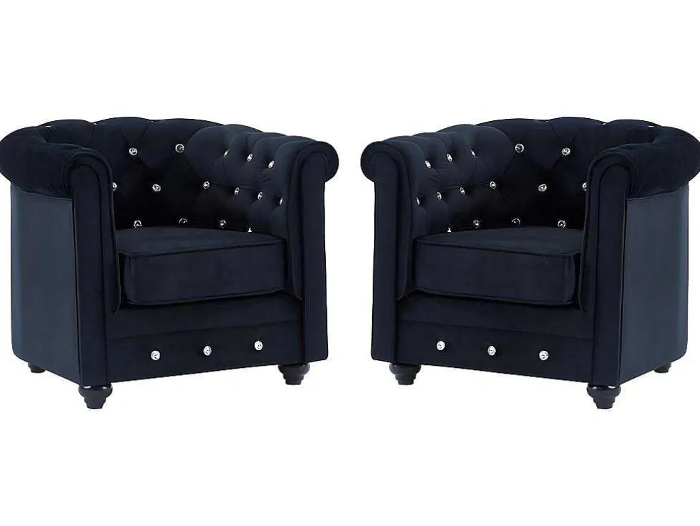 Set Van 2 Fauteuils Chesterfield - Fluweel - Zwart Met Kristallen Knopen