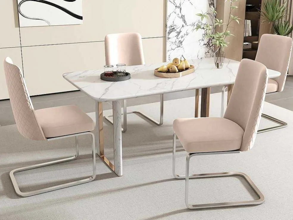 Set Van 4 Fluwelen Sledestoelen - Rugleuning Ruitpatroon - Onderstel Zilverkleurig Metaal - Beige