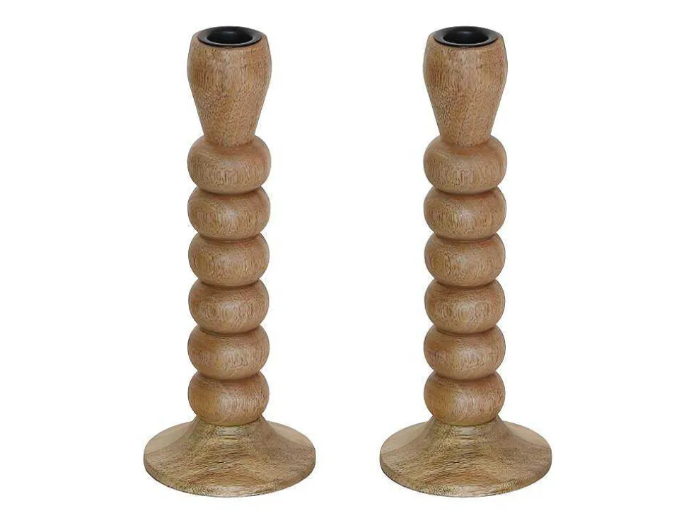 Set Van 2 Kandelaars Van Mangohout - H23 Cm - Naturel - Fainin