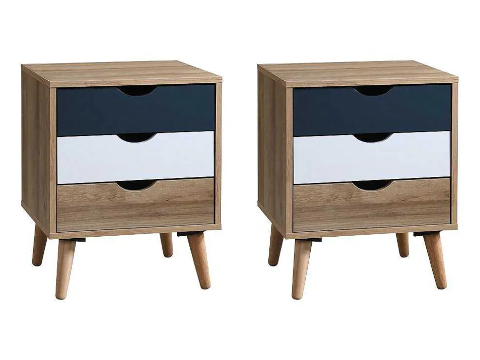 Set Van 2 Nachtkastjes 3 Lades - Kleur: Naturel, Wit En Marineblauw - Lurvia