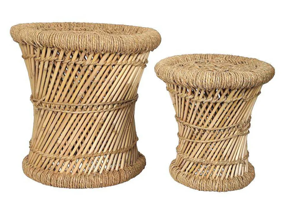 Set Van 2 Ronde Poefs Van Licht Naturelkleurig Rotan Mirtaka